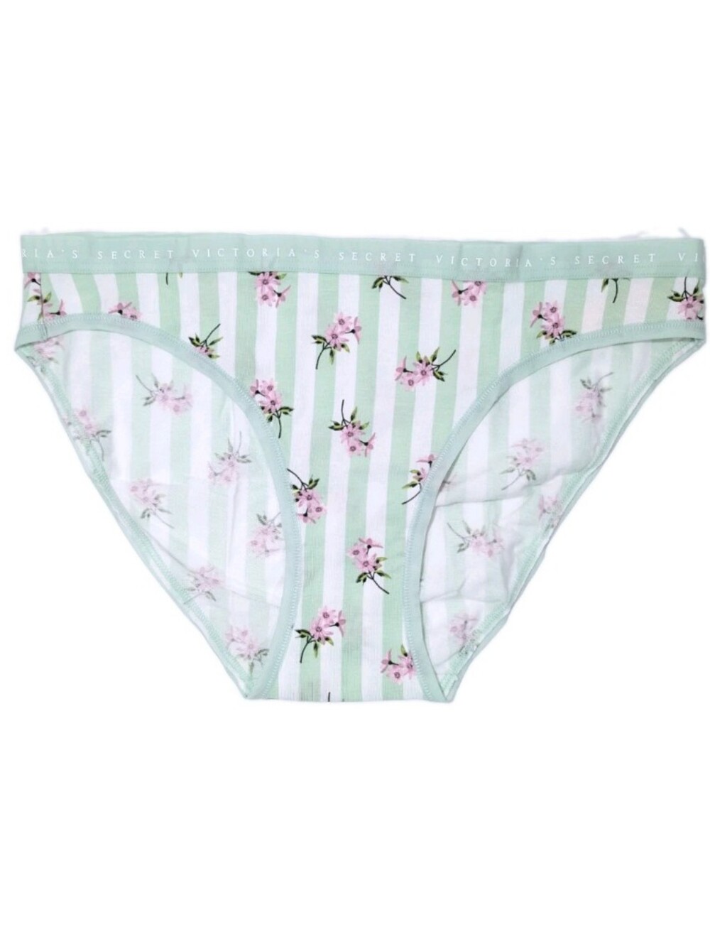 Victoria's Secret Stretch Cotton Bikini Panty Large Women Mint Striped VS Logo